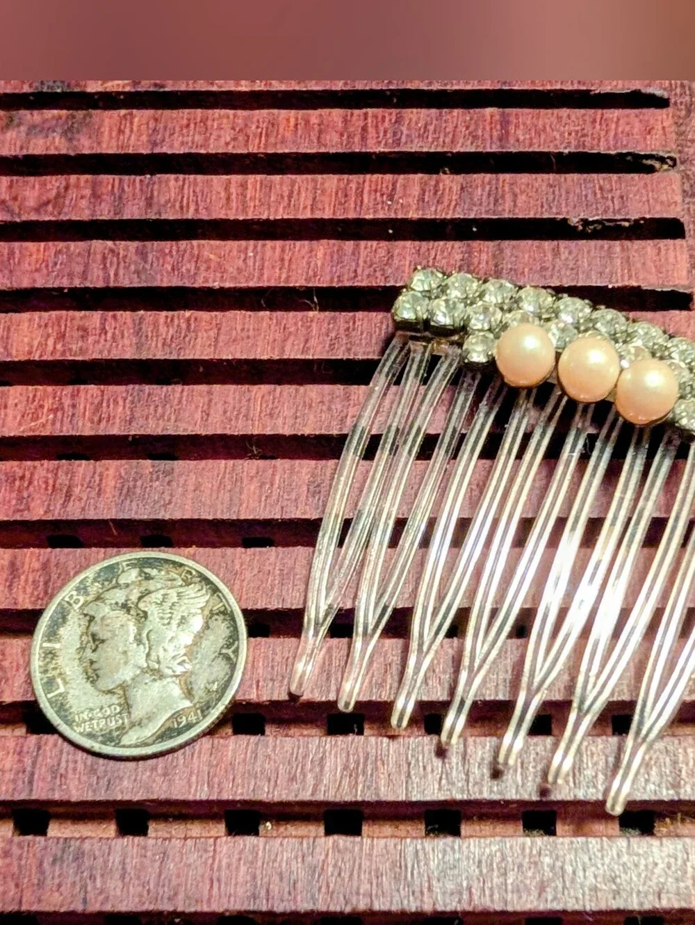 Vintage Rhinestone & Pearl Hair Comb - Pink Pearls, Silver Tones